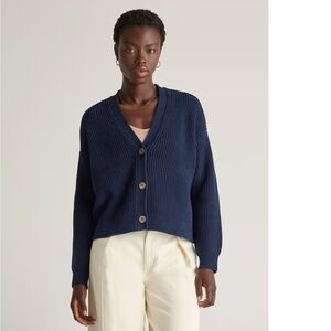 Quince 100% Organic Cotton Fisherman Boxy Cropped Chunky Cardigan Sweater L Navy